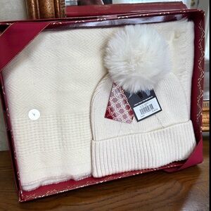Nine West Ivory colored Knit Beanie with Pom Pom and Scarf Set.  O/S.